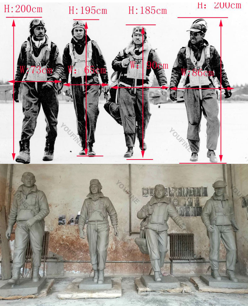 Bespoke clay model and metal bronze military life size pilot soldiers statues from a photo