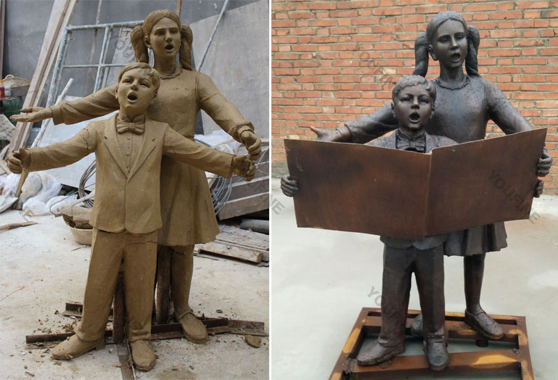 Bespoke life size boy and girl is sing clay model and bronze garden statues fro sale