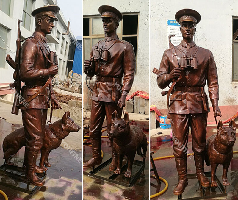 Custom make bronze military life size solider and dog statues designs outdoor