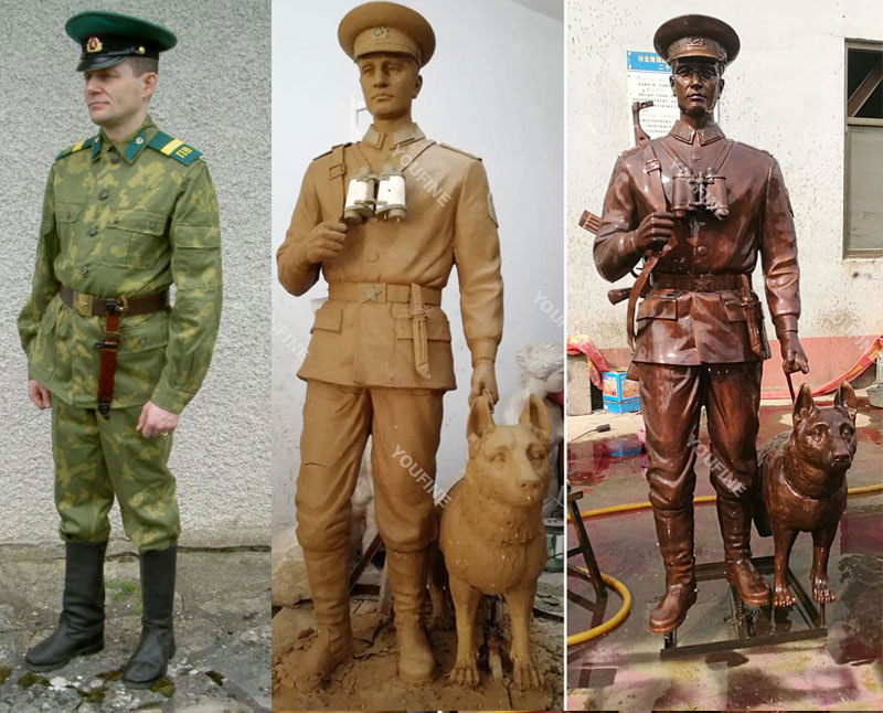 Custom make bronze military life size solider and dog statues from a photo