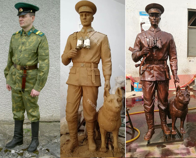 Custom make bronze military life size solider and dog statues from a photo