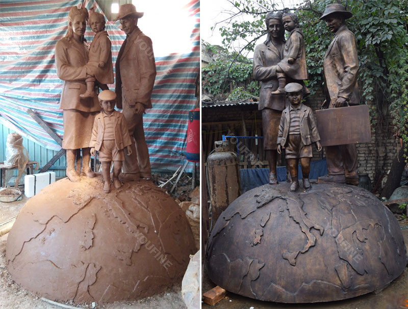 Custom make clay model and bronze casting life size fimaly number standing on the globe sculpture