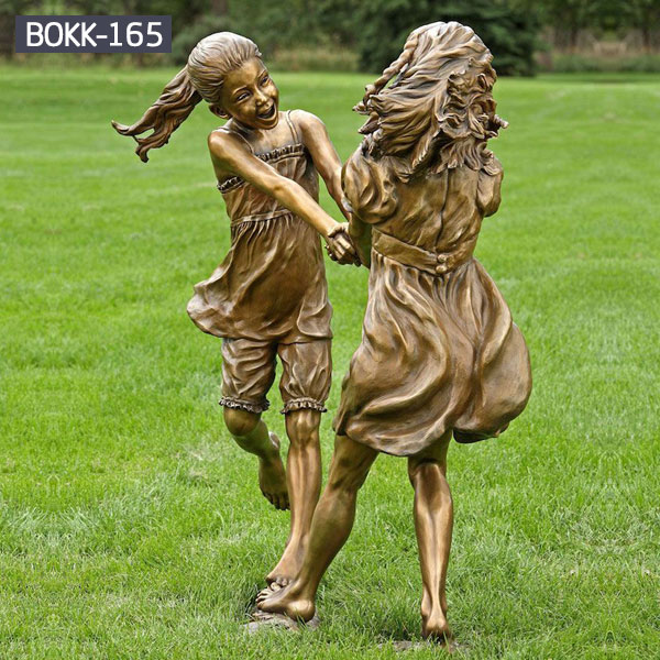 Outdoor bronze garden art two little girl life size statues for sale