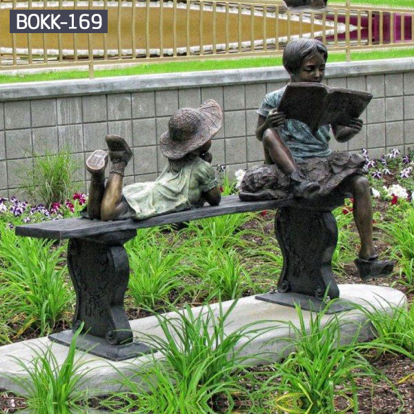 Public garden decor children sitting and lying on the bench reading books bronze sculptures