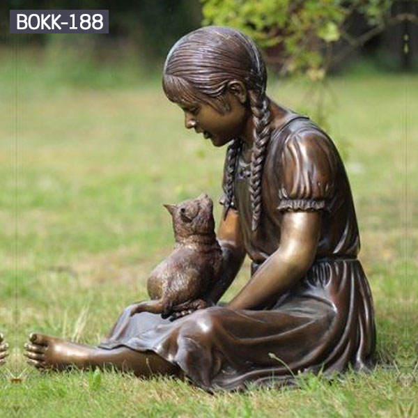 Bronze life size sitting girl and cat for lawn ornaments