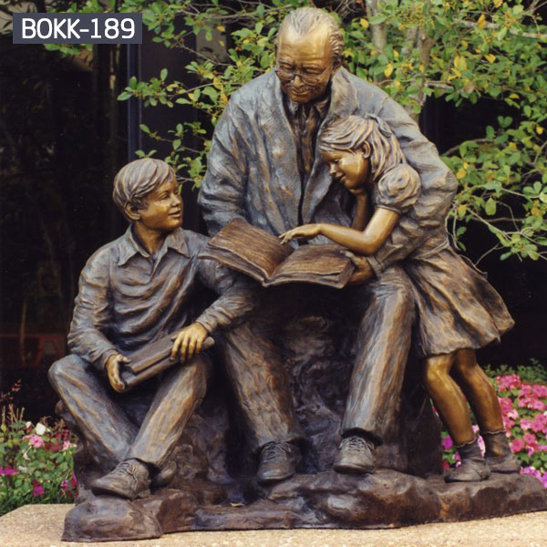 Life size bronze group sculptures of old man and children park decor