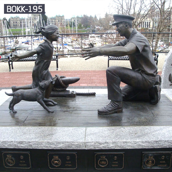 Military solder meet his little girl and dog bronze sculptures outdoor memorial