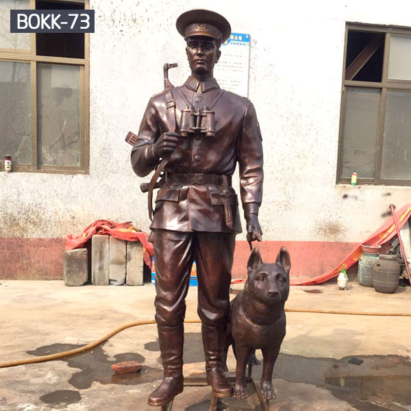 Life size metal casting solider and dog statues outdoor